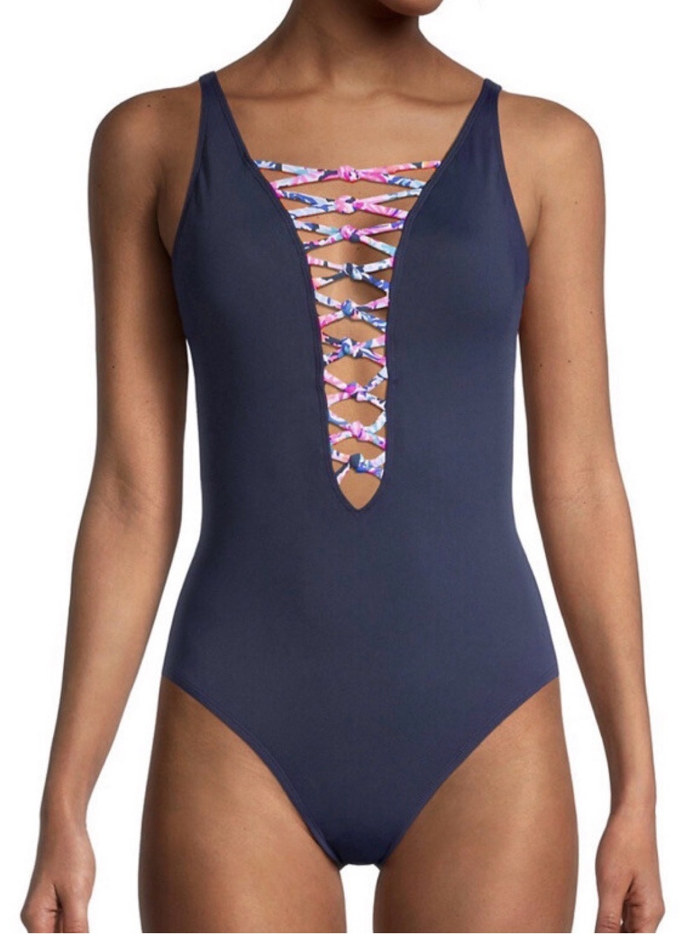Lilly Pulitzer Navy One-Piece Swimsuit with Pink Patterned Lacing